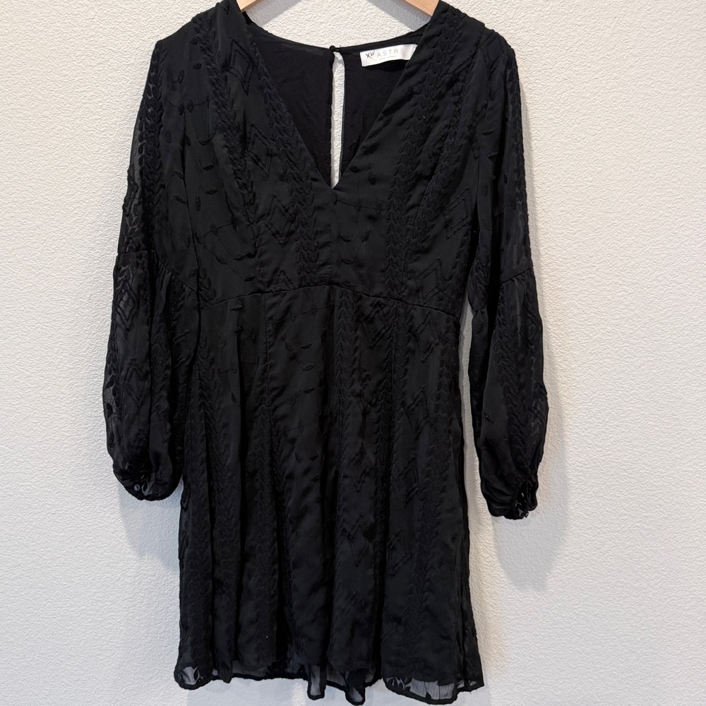 ASTR The Label Black Embroidered Dress L Boho Gothic WhimsyGoth Balloon Sleeve - Picture 2 of 9